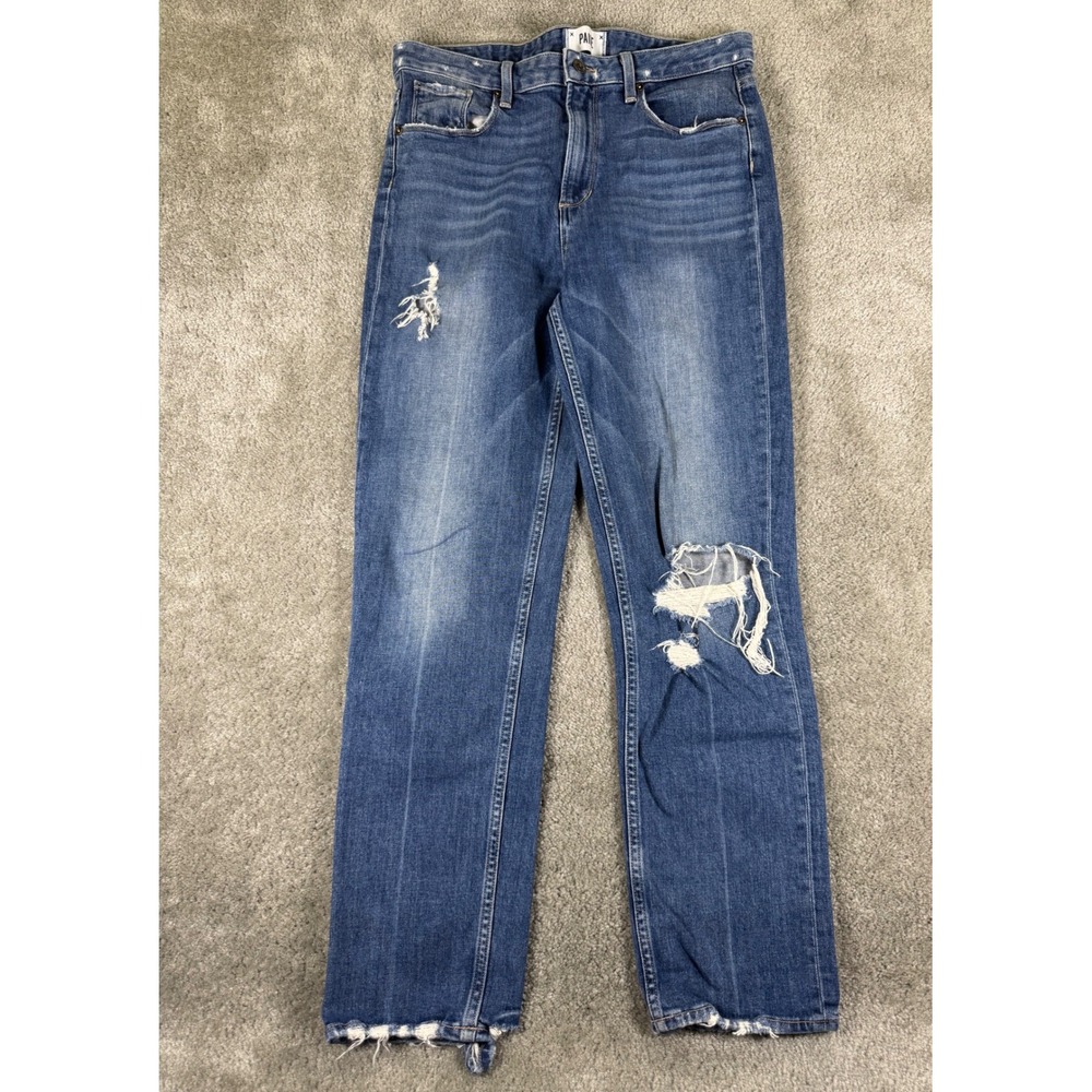 PAIGE Sarah Straight High Rise Distressed Raw Hem Jeans Blue Size 30